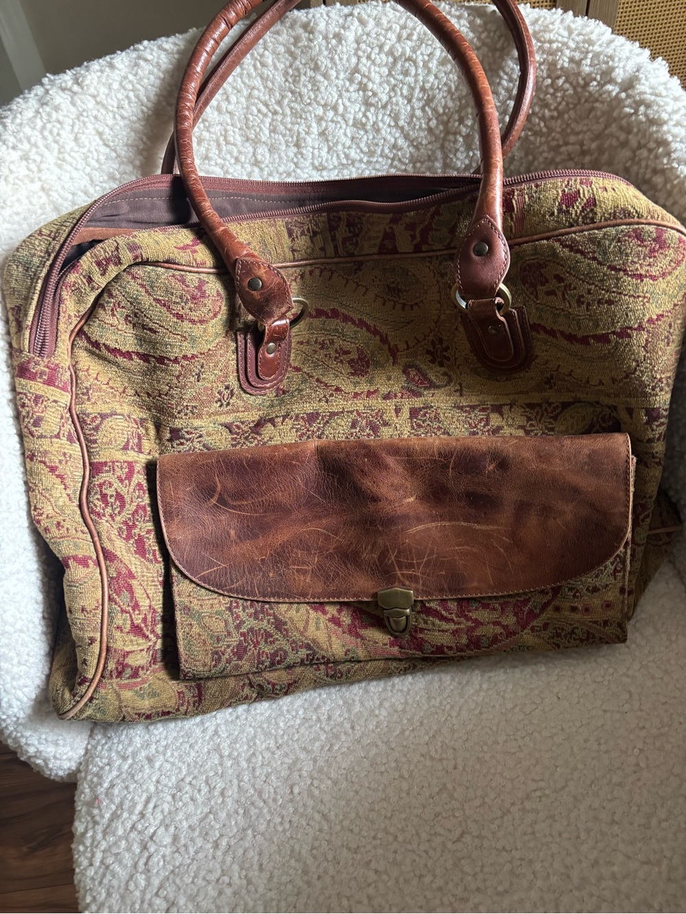 J. Jill Red and Tan Travel Tote with Leather Trim